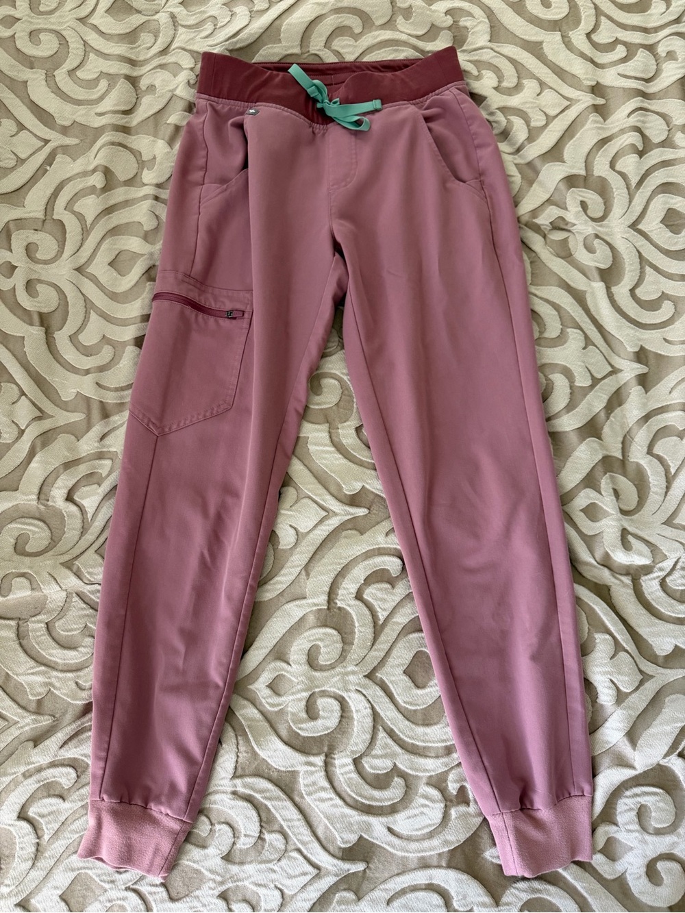 Figs Mauve Pink Jogger Scrub Pants with Teal Drawstring